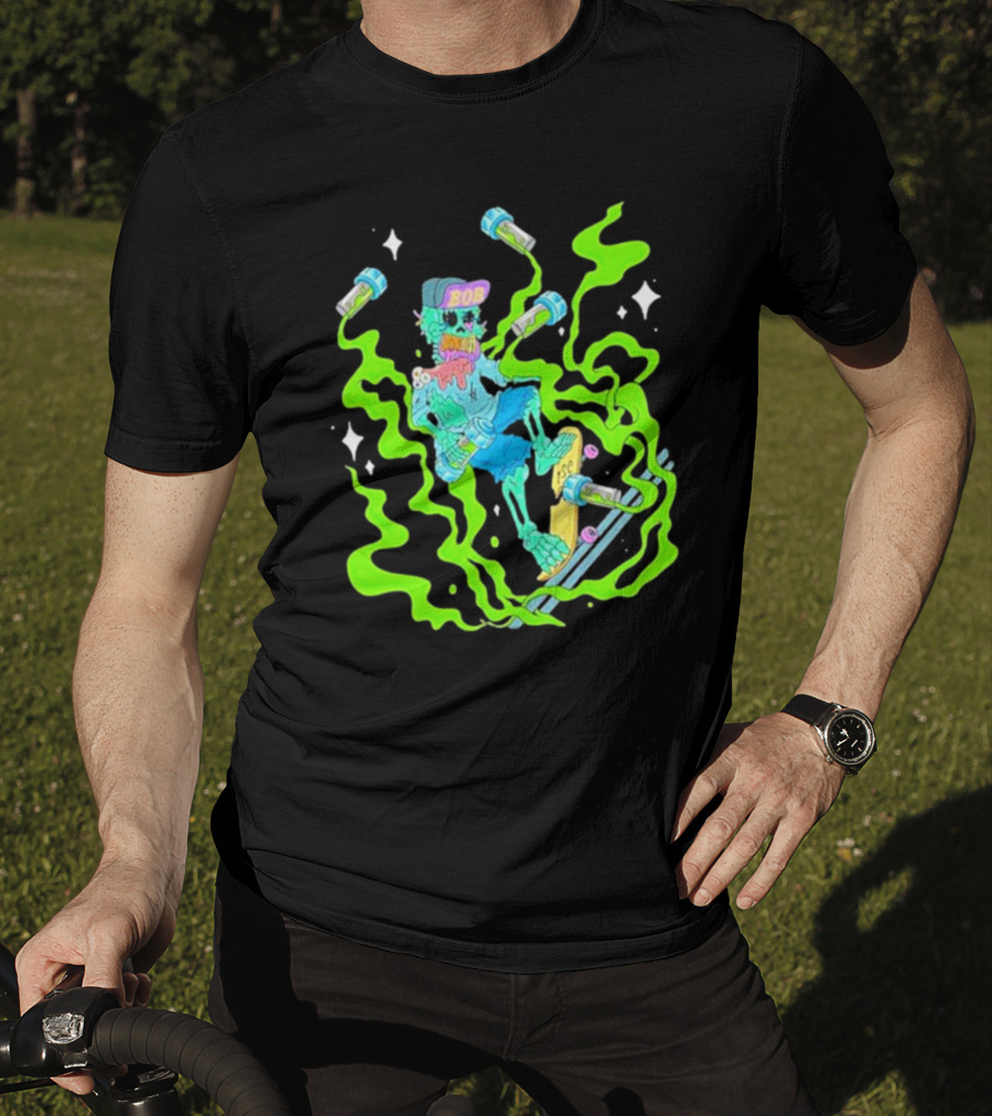 Toxic Skulls Club Bobburnquist Skateboarding Skeleton With Green Smoke And Skateboard T-Shirt
