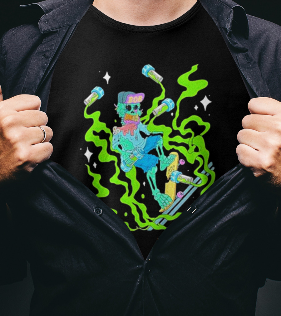 Toxic Skulls Club Bobburnquist Skateboarding Skeleton With Green Smoke And Skateboard T-Shirt