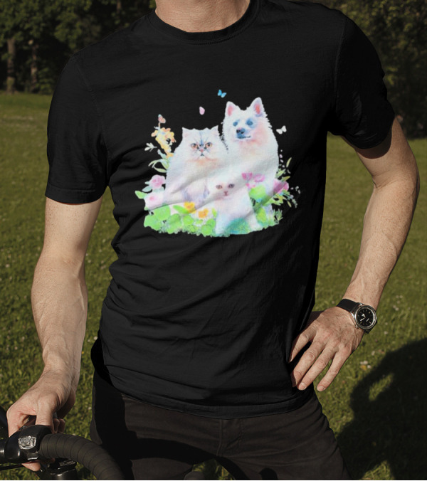 Romcom Jakey Cats And Dog Pastel Garden T-Shirt