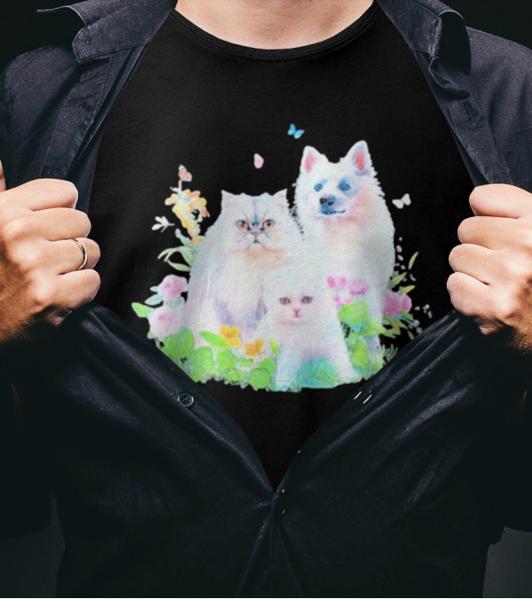 Romcom Jakey Cats And Dog Pastel Garden T-Shirt