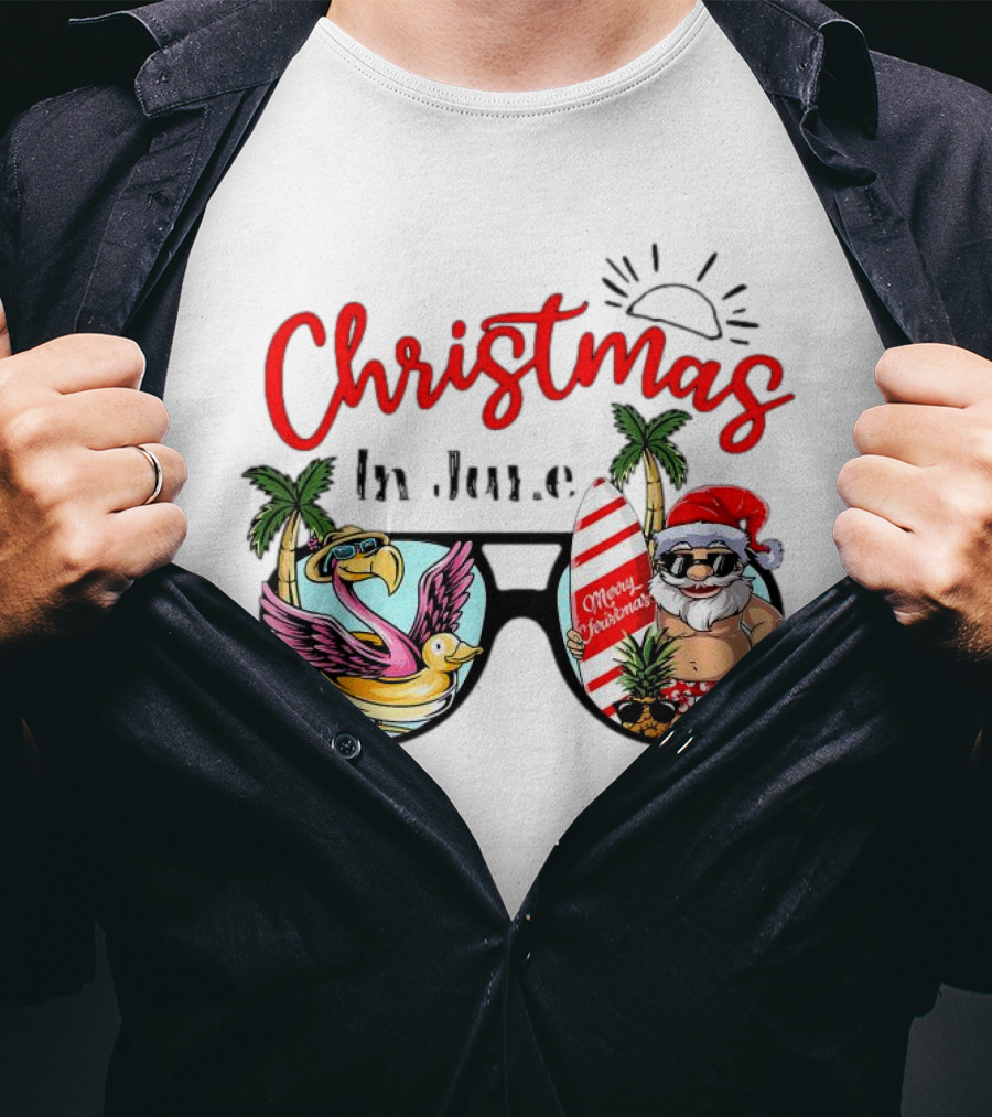 Christmas In June Sunglasses Santa Flamingo Merry Christmas Summer Vacation T-Shirt