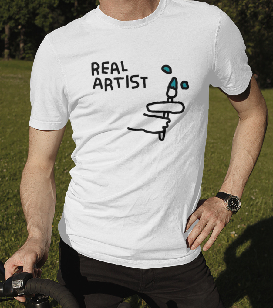 REAL ARTIST Paint Brush Hand Drawing Blue Paint Drops T-Shirt