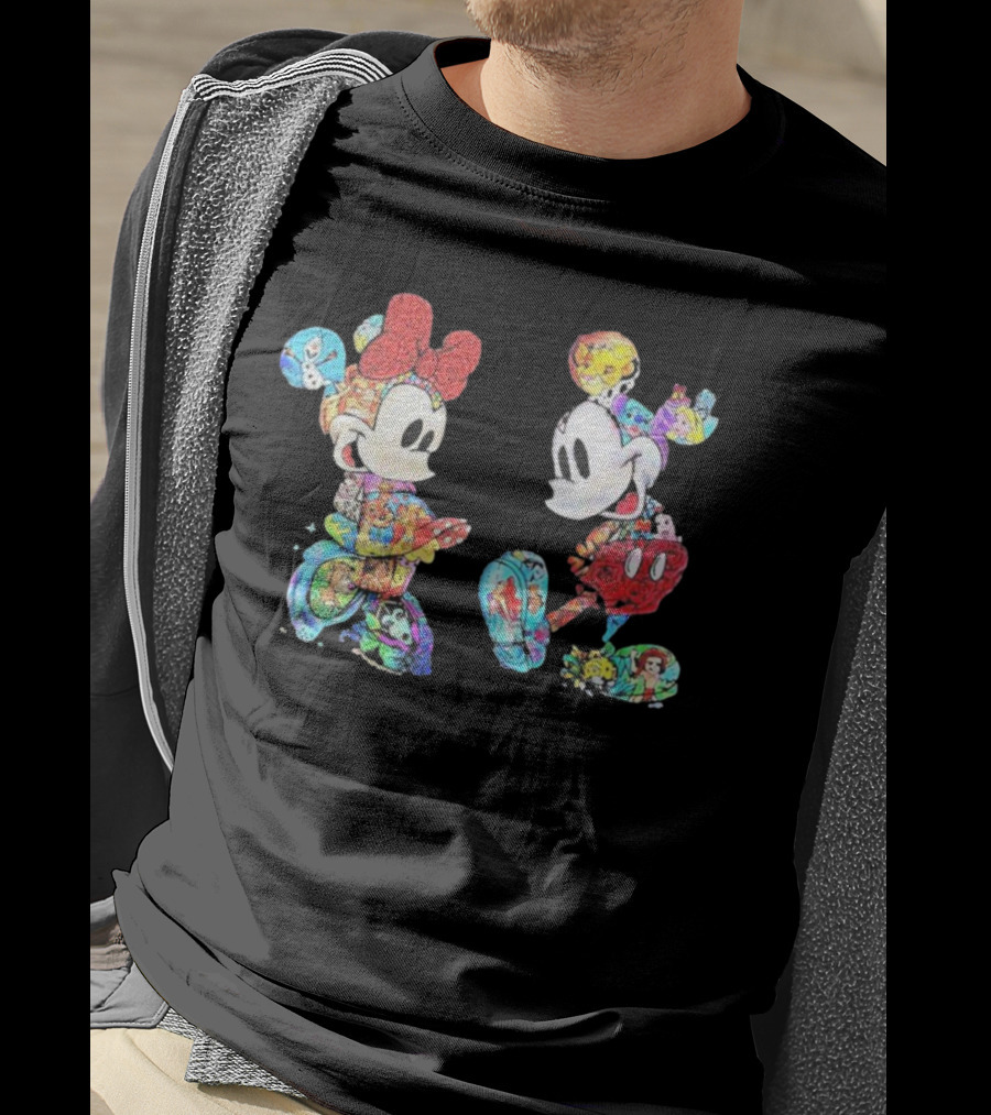 Couple Mickey Minnie Disney Characters Collage T-Shirt