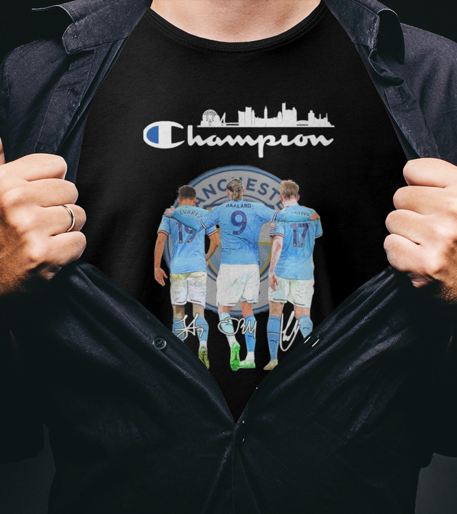 Manchester Haaland De Bruyne Alvarez Champion Football City Skyline T-Shirt