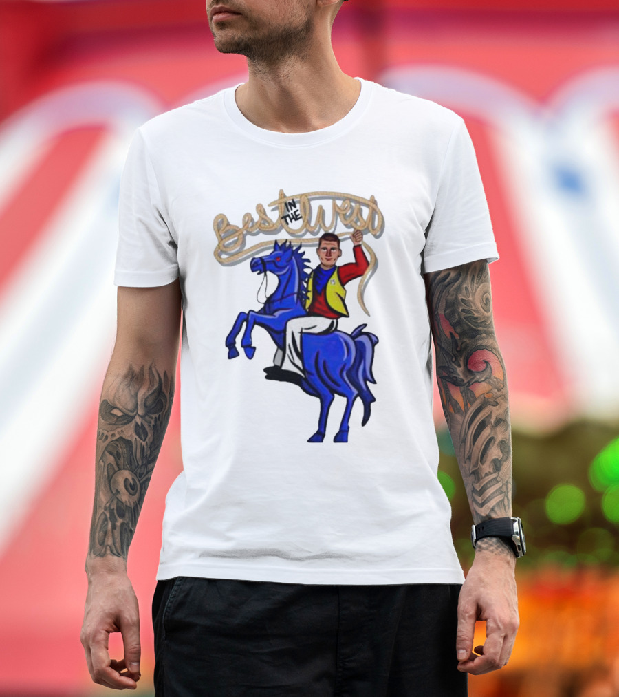 Denver Nikola Jokic Best in the West Riding Blue Horse T-Shirt