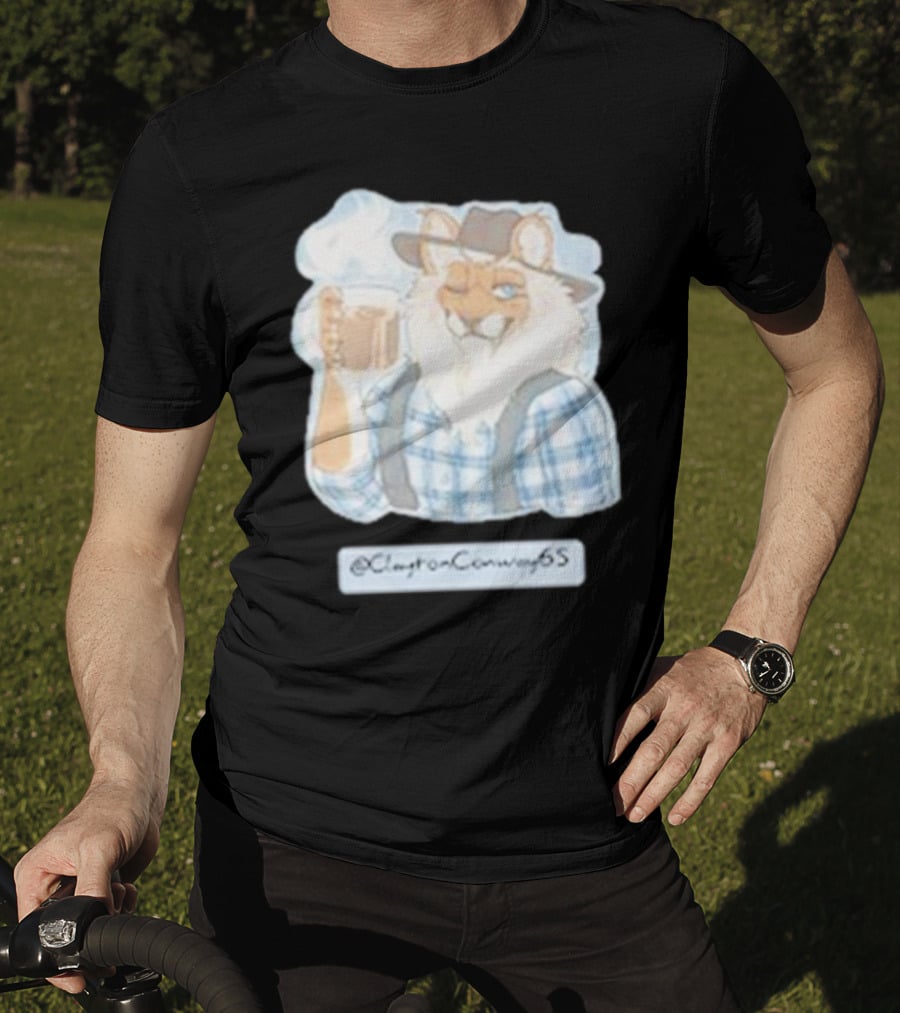 Clayton Conway 65 @ClaytonConway65 Cat In Plaid With Hat Holding Coffee T-Shirt