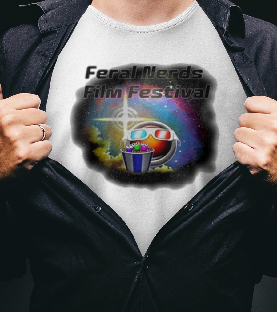 Feral Nerds Film Festival Cosmic 3D Glasses Popcorn Starburst T-Shirt