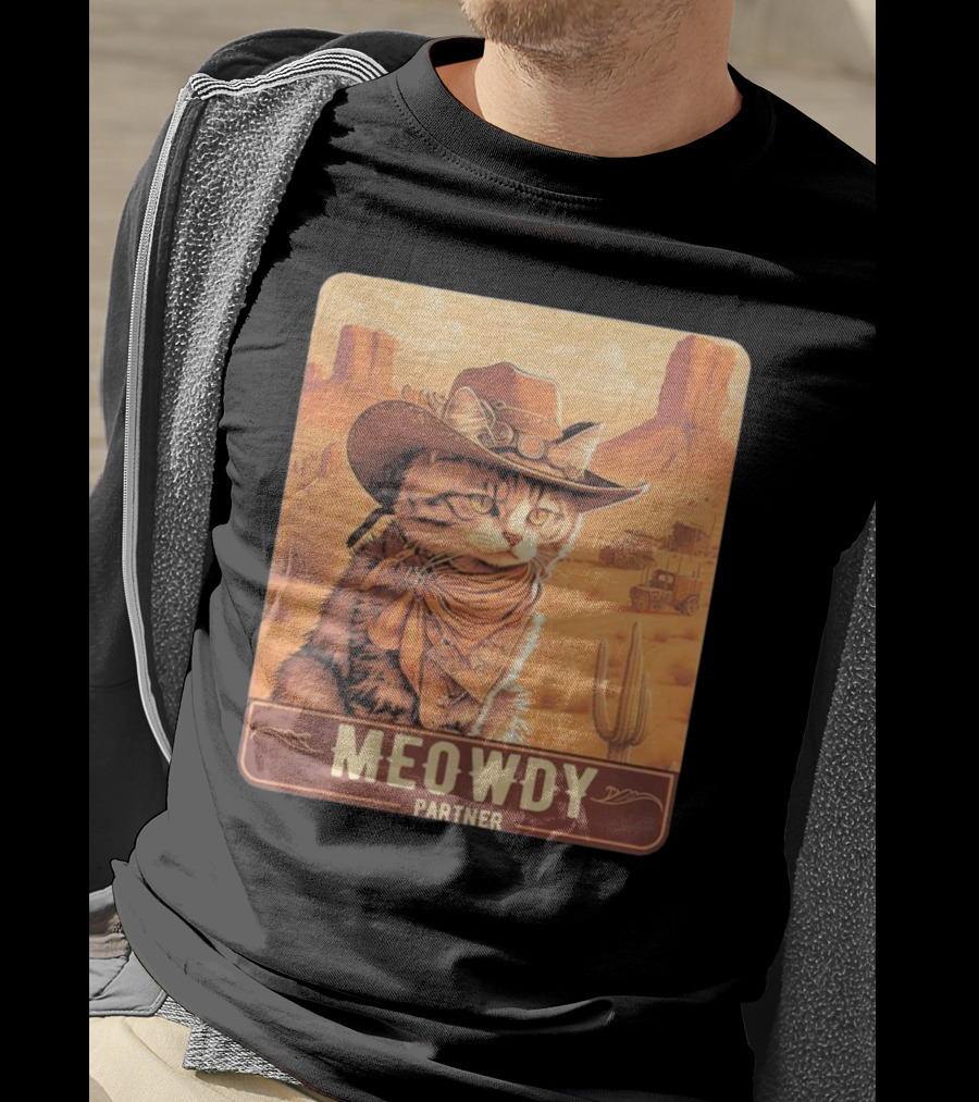 Meowdy Partner Cowboy Cat In Desert Scene With Cactus And Wagon T-Shirt