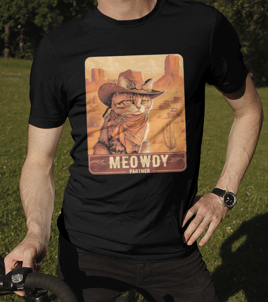 Meowdy Partner Cowboy Cat In Desert Scene With Cactus And Wagon T-Shirt