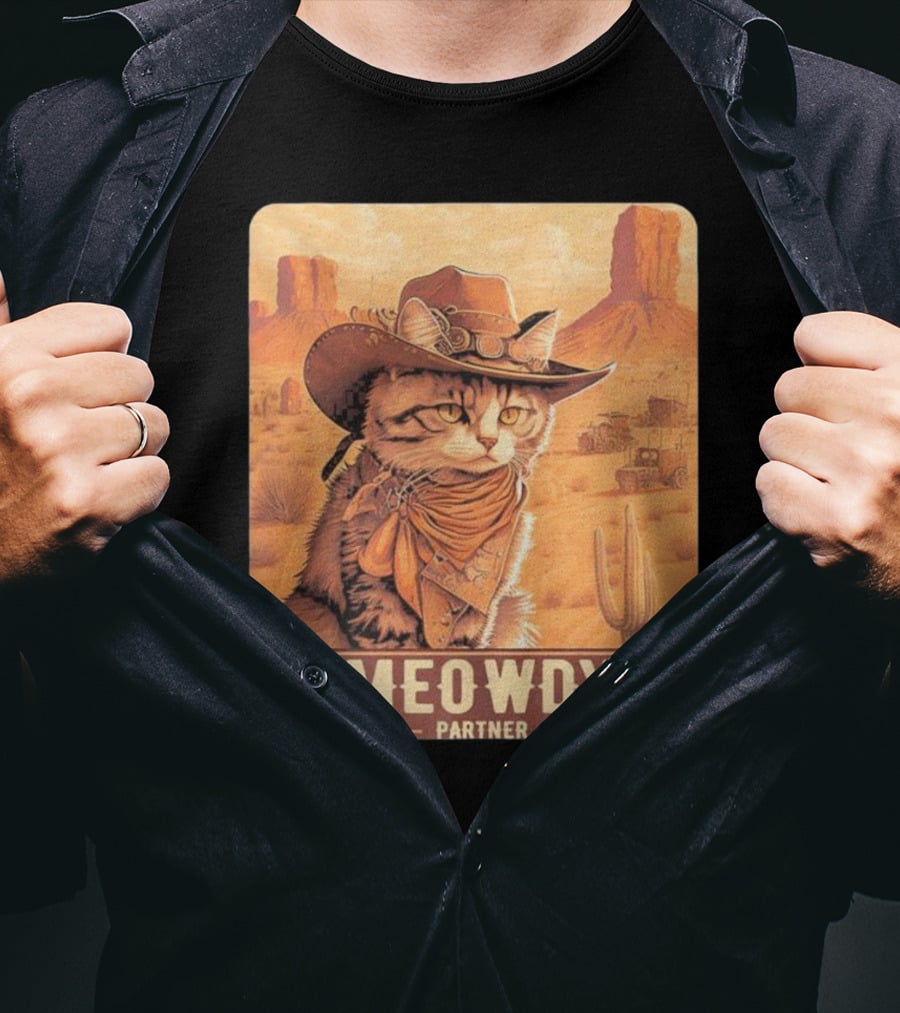 Meowdy Partner Cowboy Cat In Desert Scene With Cactus And Wagon T-Shirt