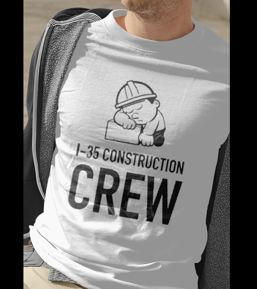 I-35 Construction Crew Cartoon Worker Sleeping On Block T-Shirt