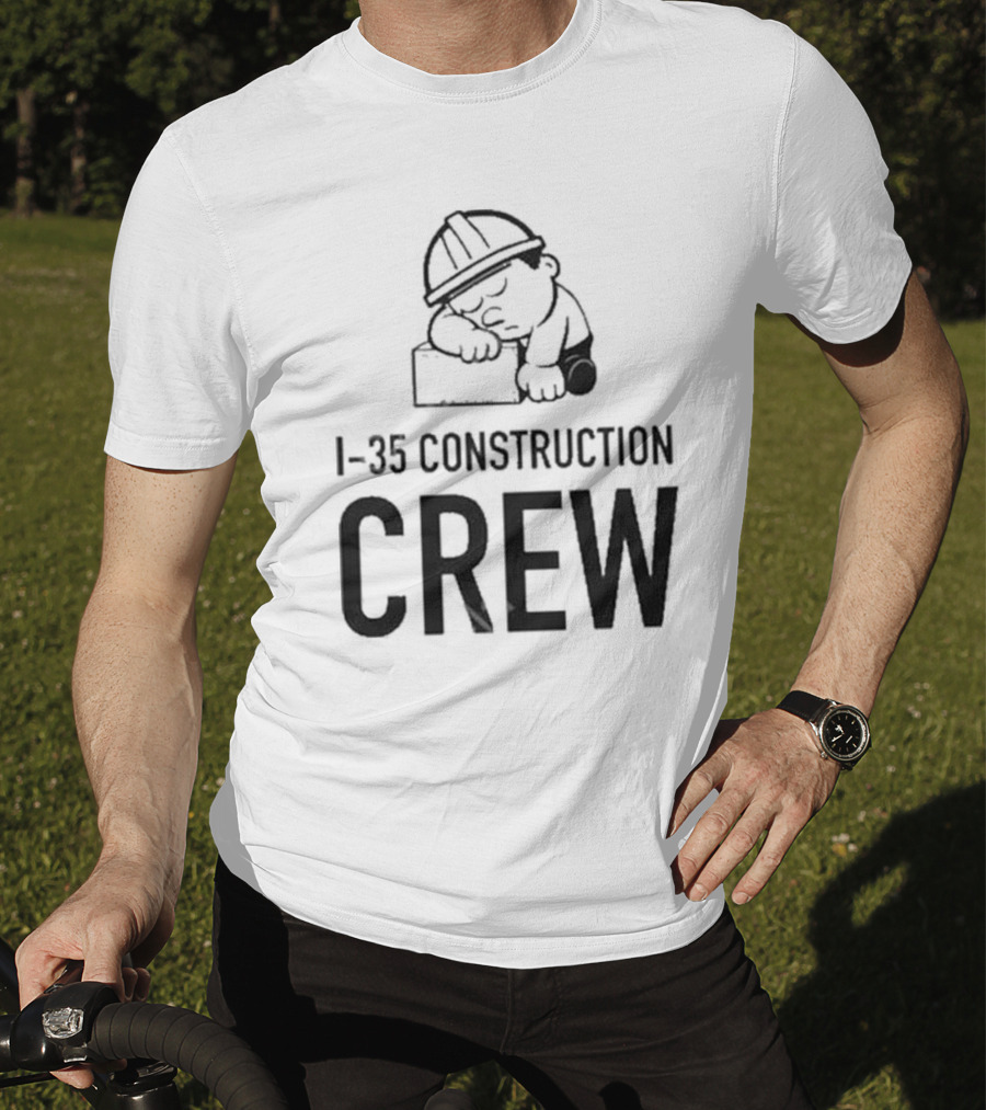 I-35 Construction Crew Cartoon Worker Sleeping On Block T-Shirt