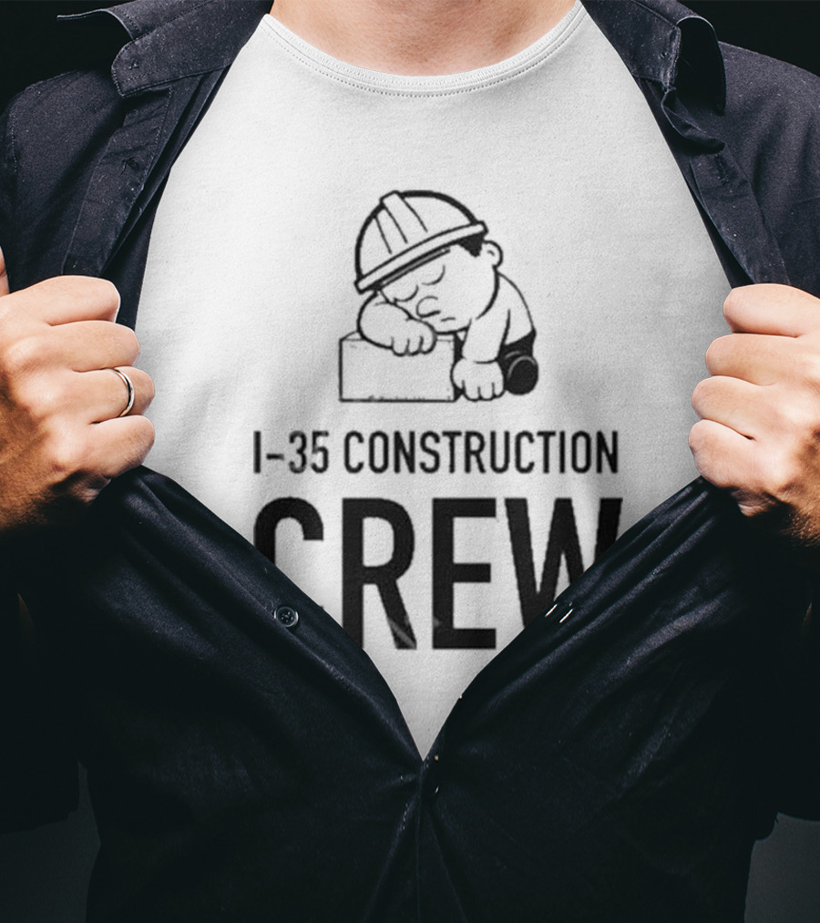 I-35 Construction Crew Cartoon Worker Sleeping On Block T-Shirt