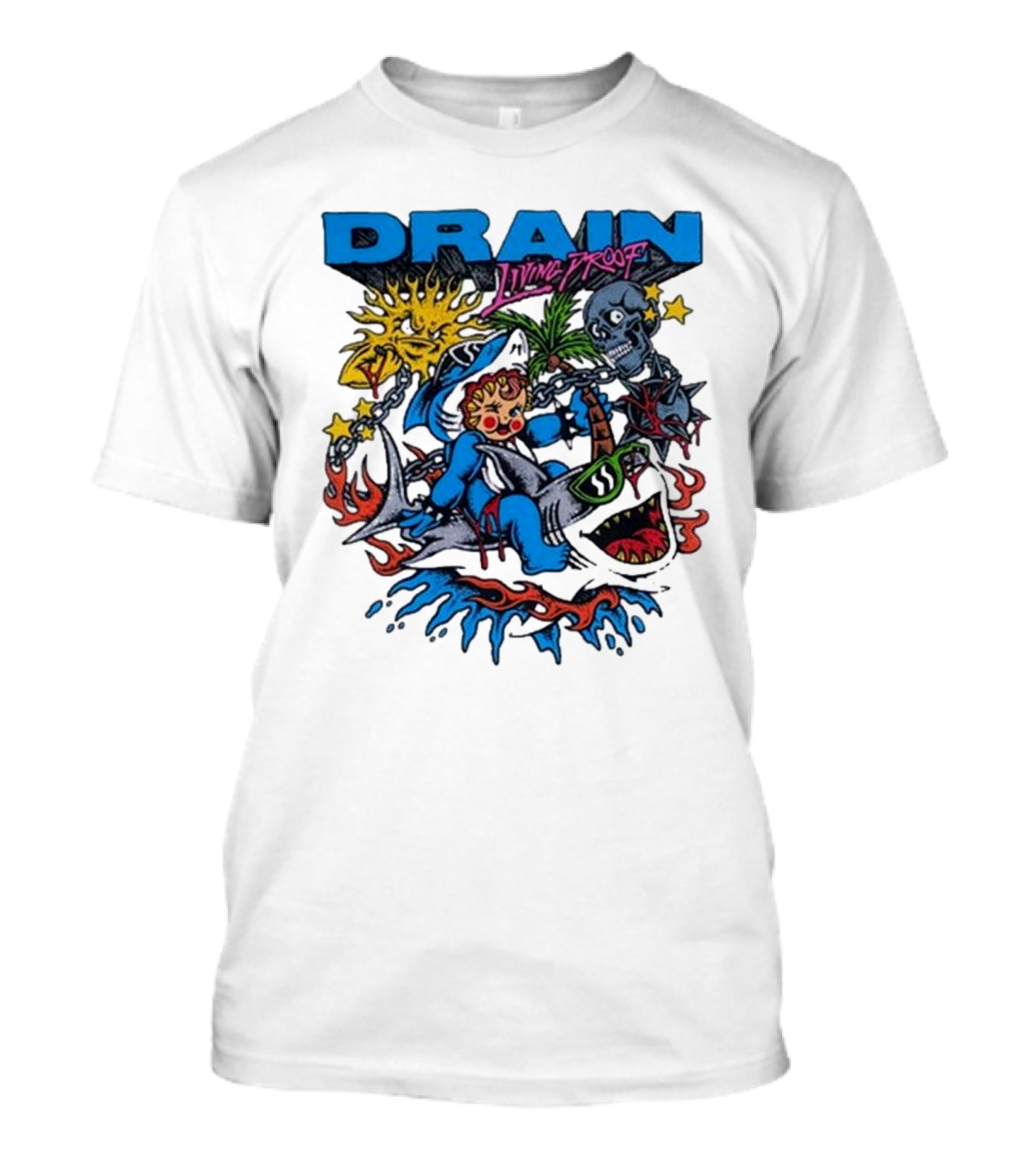 DRAIN Living Proof Chain-Wrapped Shark With Skeleton And Sunburst T-Shirt