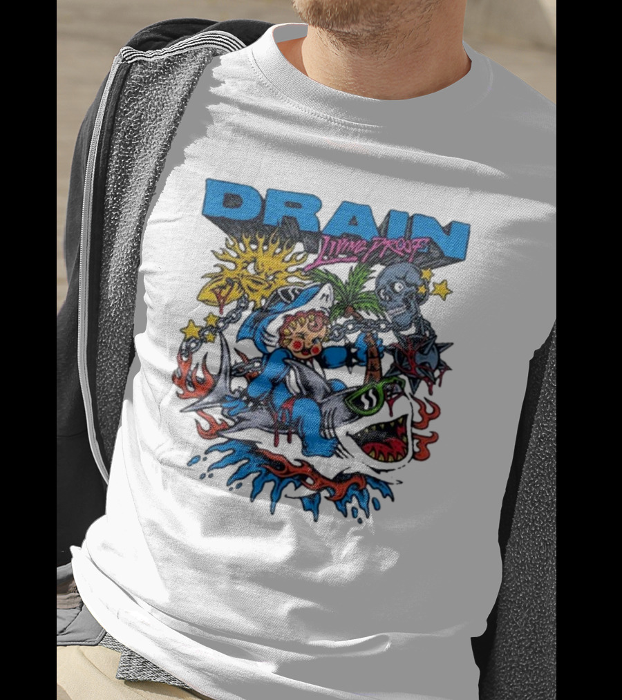 DRAIN Living Proof Chain-Wrapped Shark With Skeleton And Sunburst T-Shirt