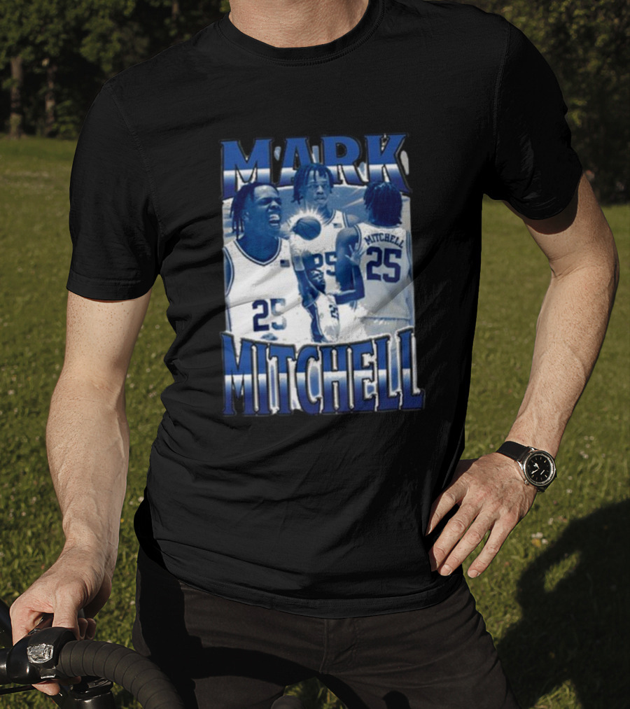 Mark Mitchell 25 Basketball Collage Blue And White T-Shirt