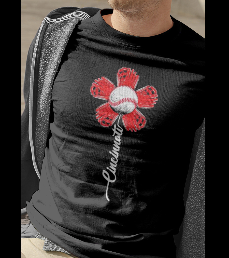 Cincinnati Baseball Flower With Baseball Center And Red Glove Petals T-Shirt