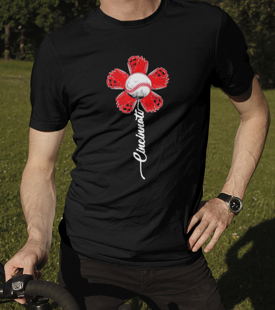 Cincinnati Baseball Flower With Baseball Center And Red Glove Petals T-Shirt