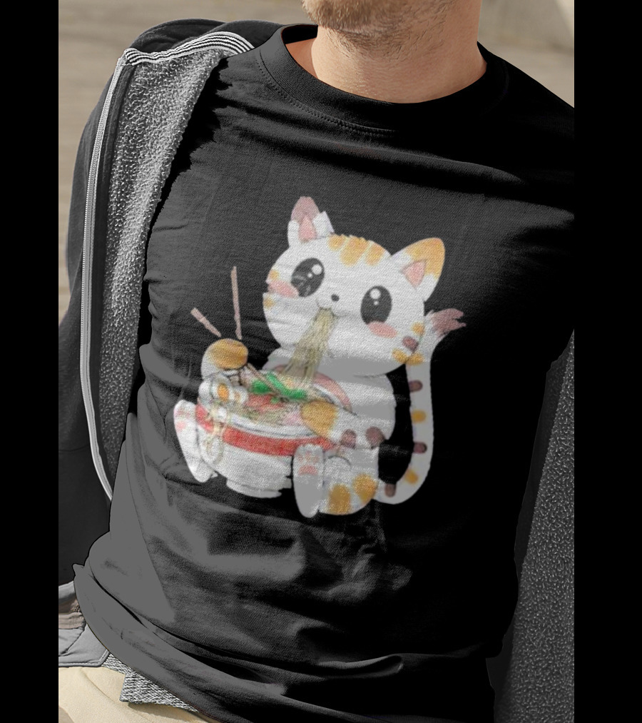 Kawaii Neko Eating Ramen In Cute Cartoon T-Shirt