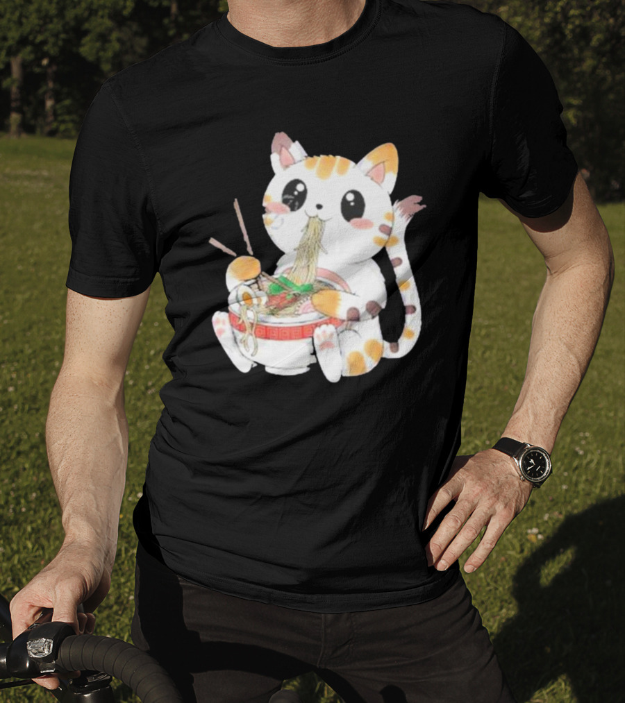 Kawaii Neko Eating Ramen In Cute Cartoon T-Shirt