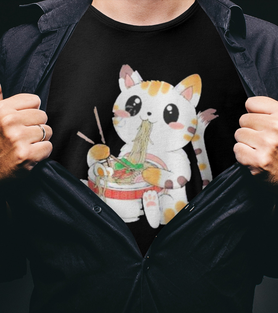 Kawaii Neko Eating Ramen In Cute Cartoon T-Shirt