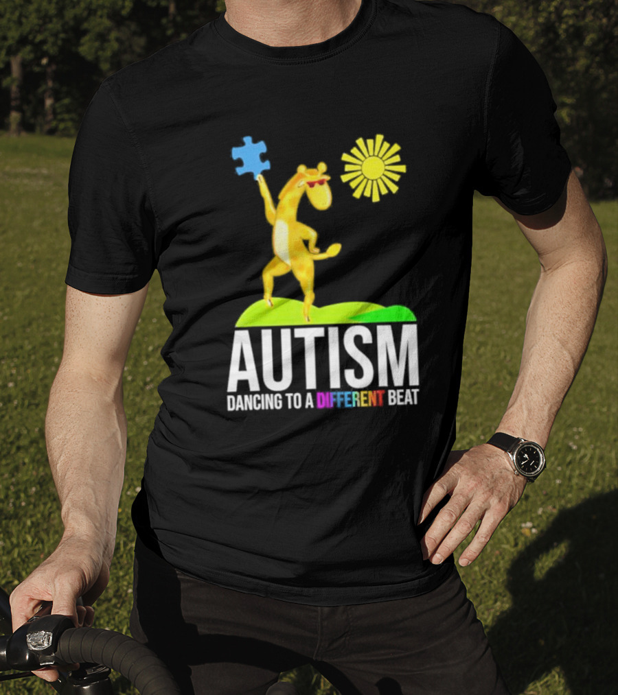 Giraffe With Puzzle Piece And Sun Celebrating Autism Dancing To A Different Beat T-Shirt
