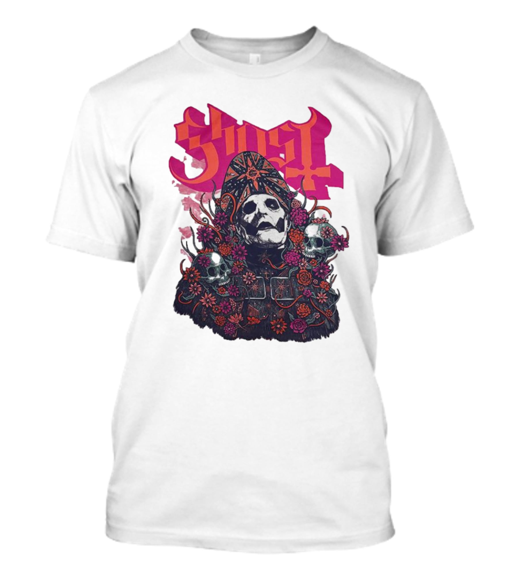Ghost Skull In Floral Bliss Pink Crystal Wash T-Shirt
