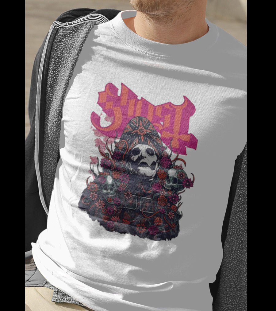 Ghost Skull In Floral Bliss Pink Crystal Wash T-Shirt