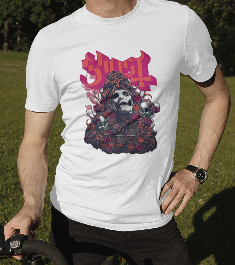 Ghost Skull In Floral Bliss Pink Crystal Wash T-Shirt