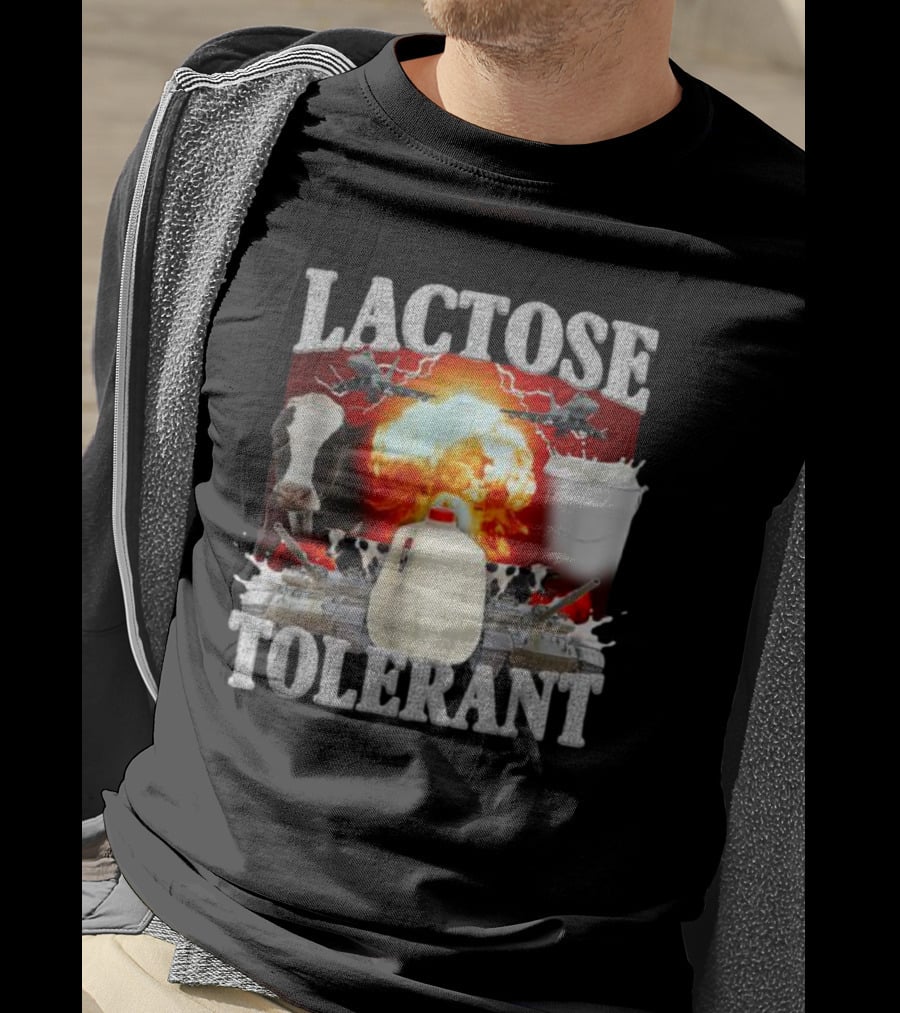 LACTOSE TOLERANT Milk Explosion Cow Jug Planes Battle Scene T-Shirt