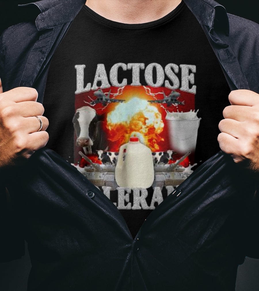 LACTOSE TOLERANT Milk Explosion Cow Jug Planes Battle Scene T-Shirt