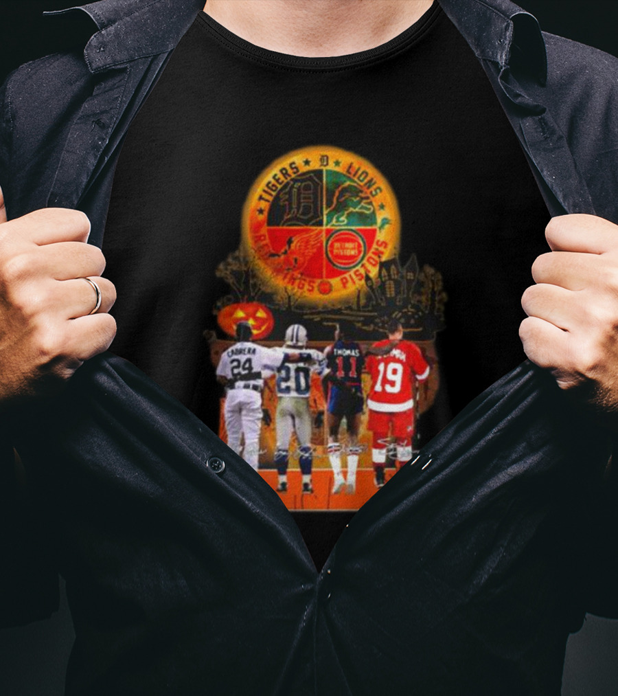 Detroit Tigers Lions Pistons Red Wings Halloween Signatures Cabrera Sanders Thomas Yzerman T-Shirt