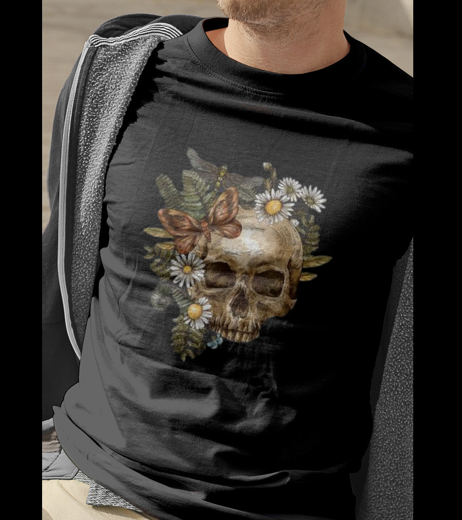 Skull With Butterfly And Dragonfly Surrounded By Autumn Leaves And Daisies T-Shirt
