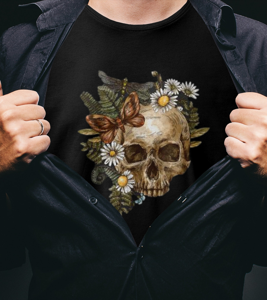 Skull With Butterfly And Dragonfly Surrounded By Autumn Leaves And Daisies T-Shirt