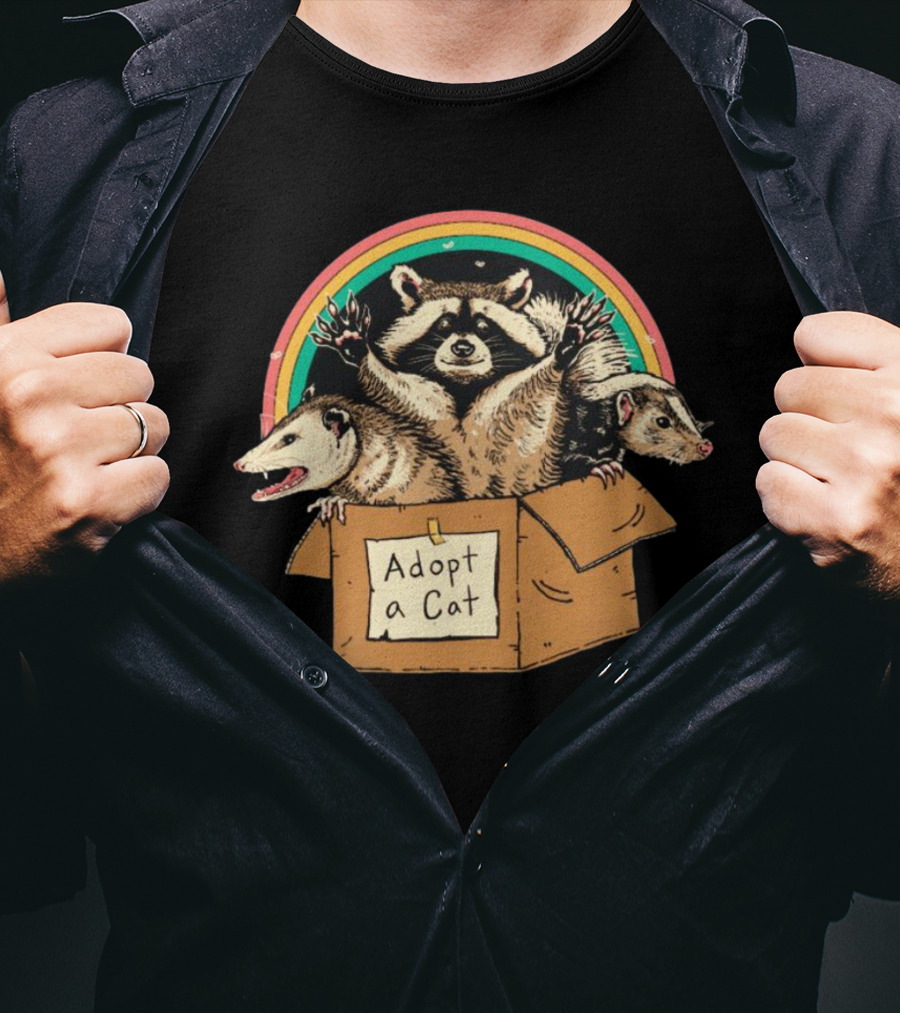 Wicked Clothes Adopt A Cat Raccoon And Opossum In Cardboard Box Rainbow T-Shirt