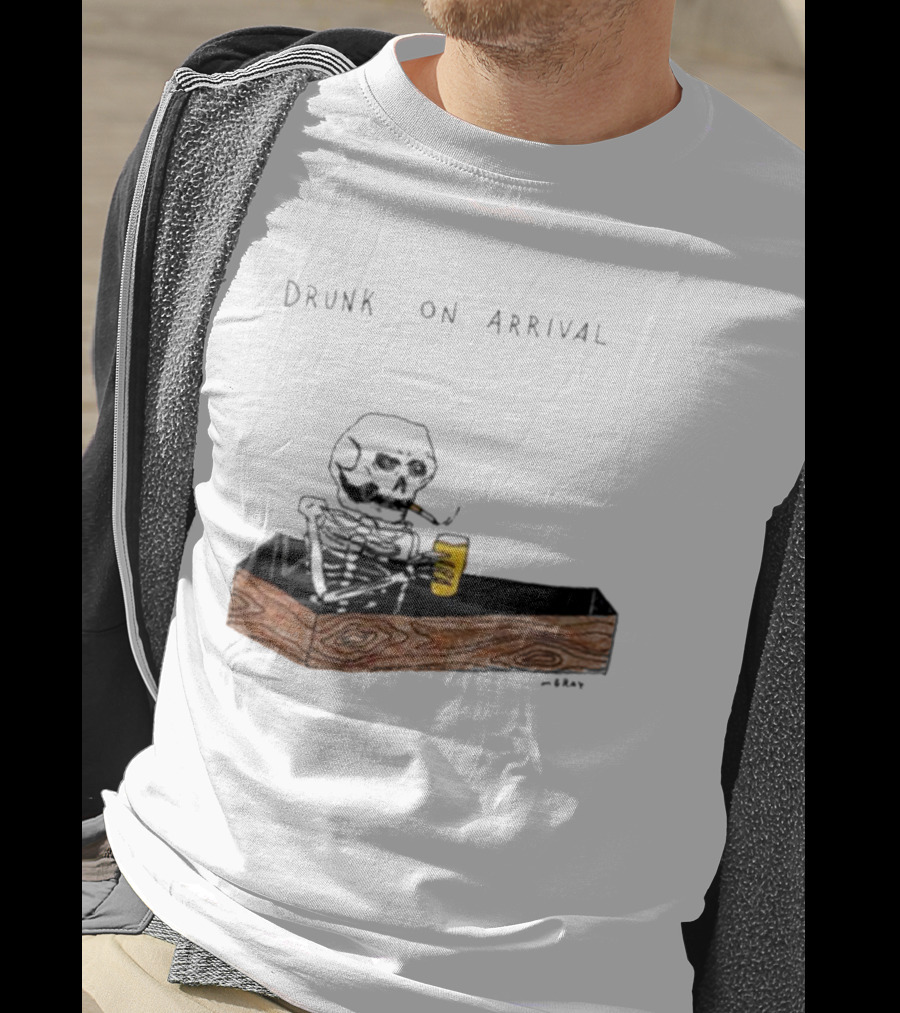 Matt Gray Drunk On Arrival Skeleton In Coffin Holding Drink T-Shirt