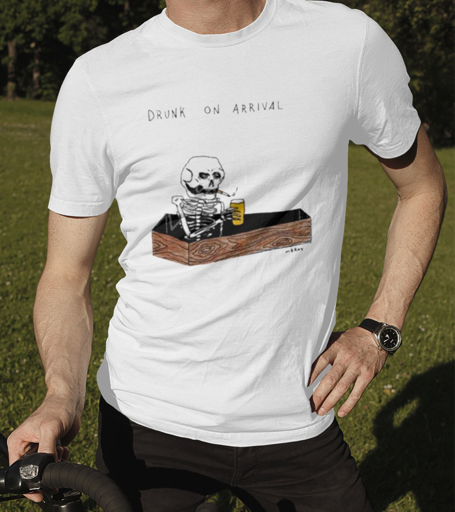 Matt Gray Drunk On Arrival Skeleton In Coffin Holding Drink T-Shirt
