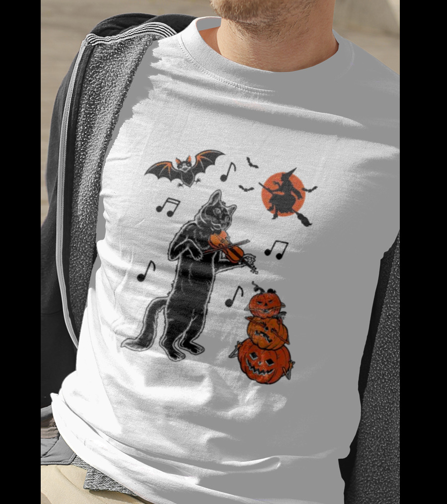 Black Cat Playing Violin With Witch, Devilish Bat, And Stacked Pumpkins Halloween T-Shirt