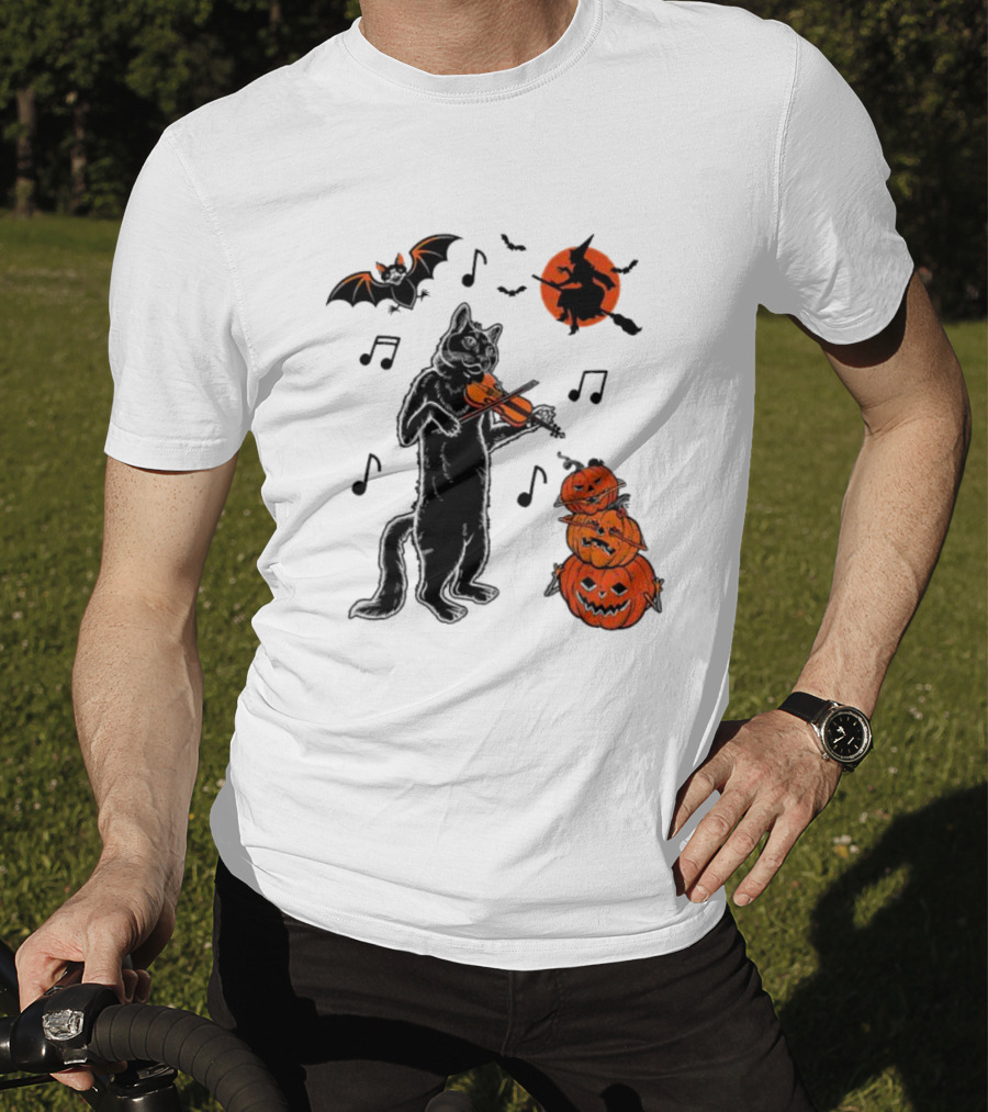 Black Cat Playing Violin With Witch, Devilish Bat, And Stacked Pumpkins Halloween T-Shirt