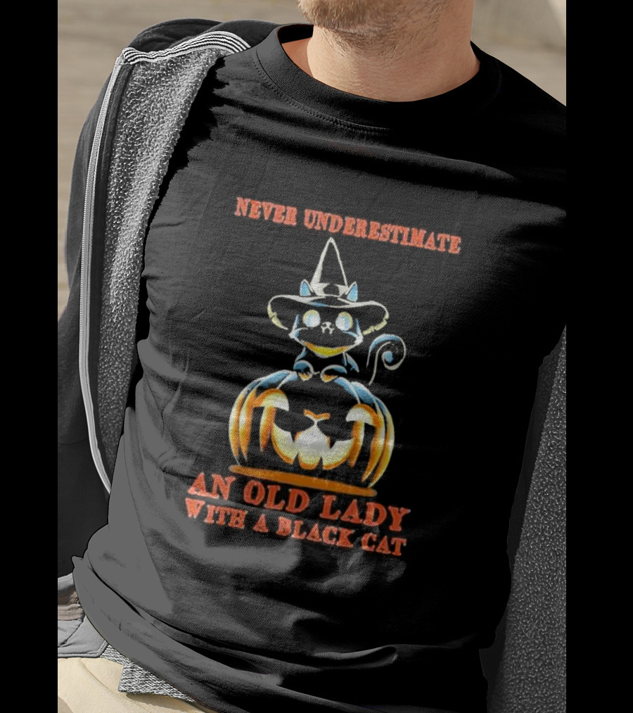Never Underestimate An Old Lady With A Black Cat Halloween Pumpkin Witch Hat T-Shirt