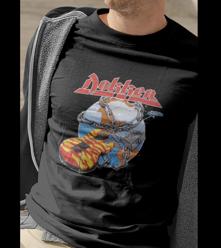 1980s Dokken Rokken With Dokken Flaming Guitar Chained To Globe T-Shirt
