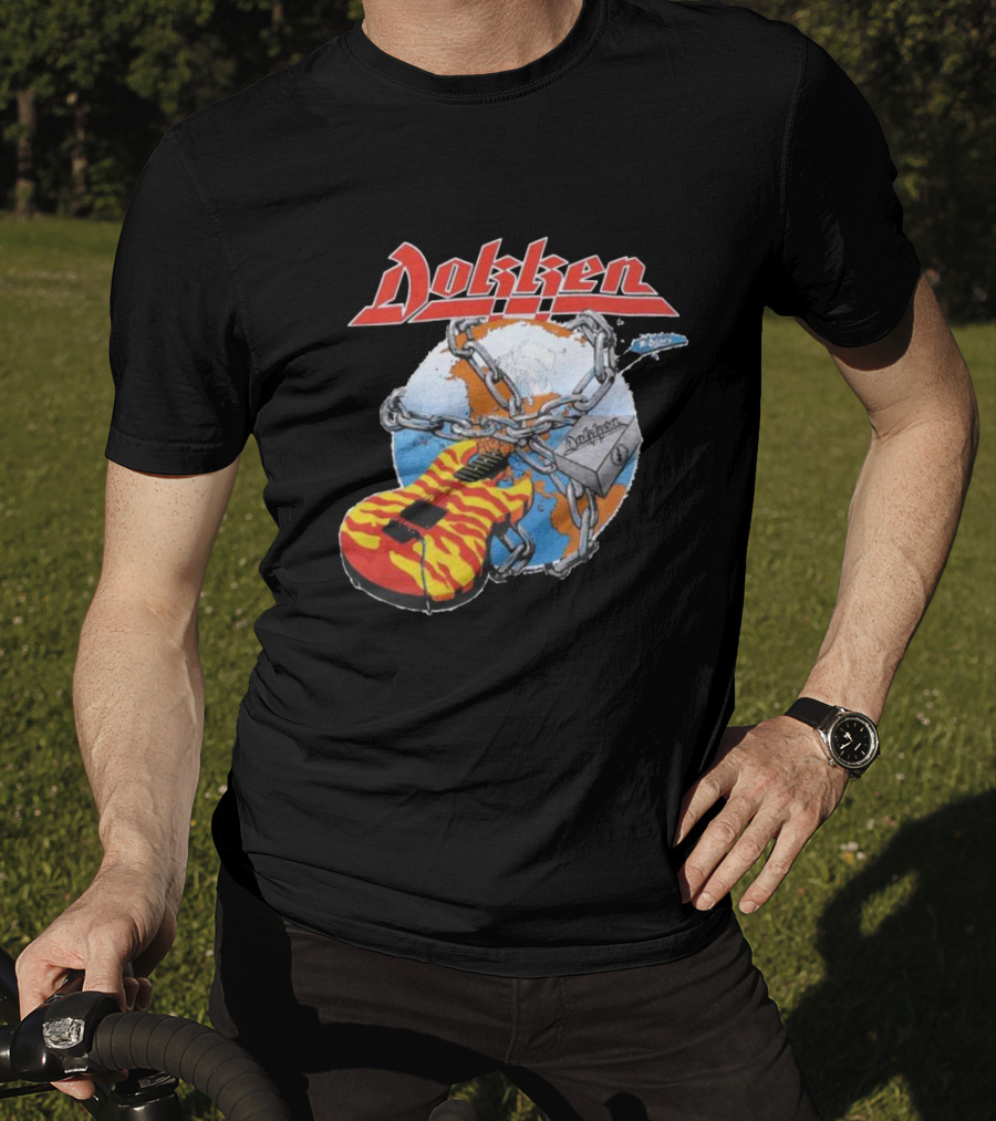 1980s Dokken Rokken With Dokken Flaming Guitar Chained To Globe T-Shirt