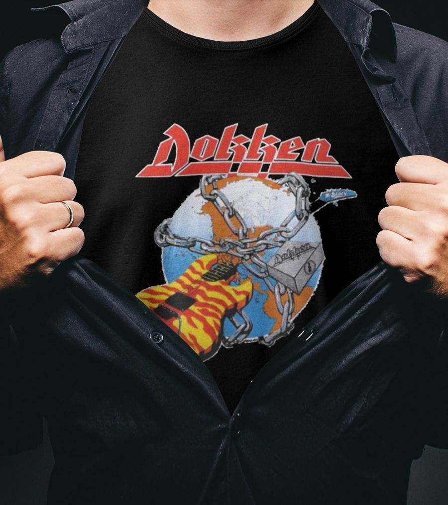 1980s Dokken Rokken With Dokken Flaming Guitar Chained To Globe T-Shirt