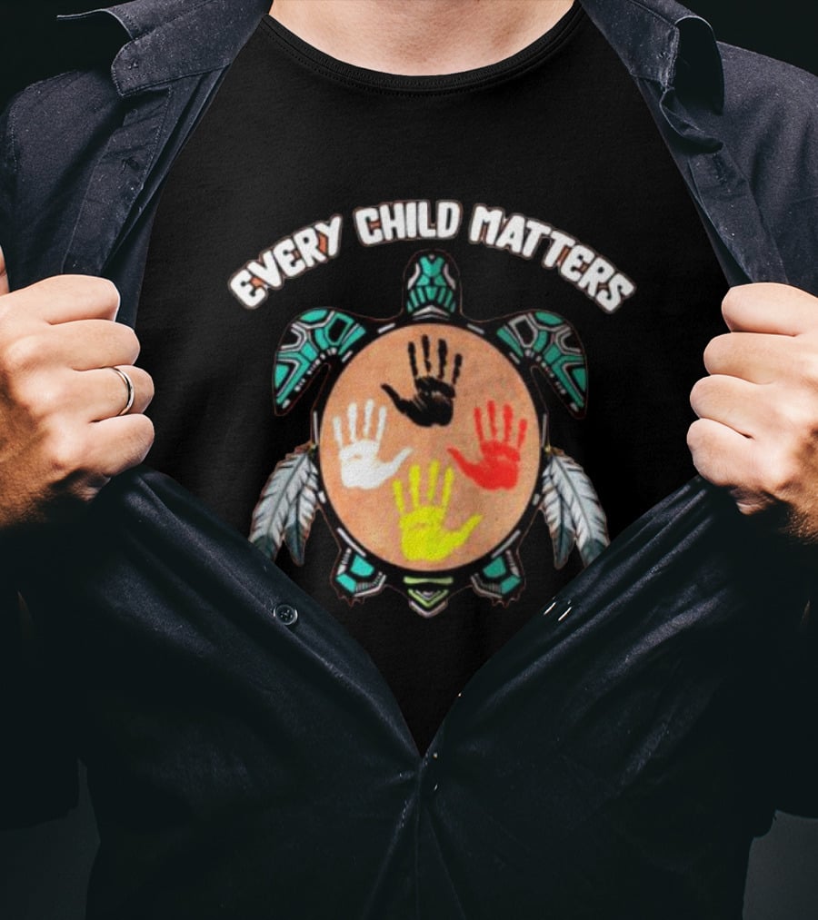 Every Child Matters Turtle With Handprints And Feathers T-Shirt