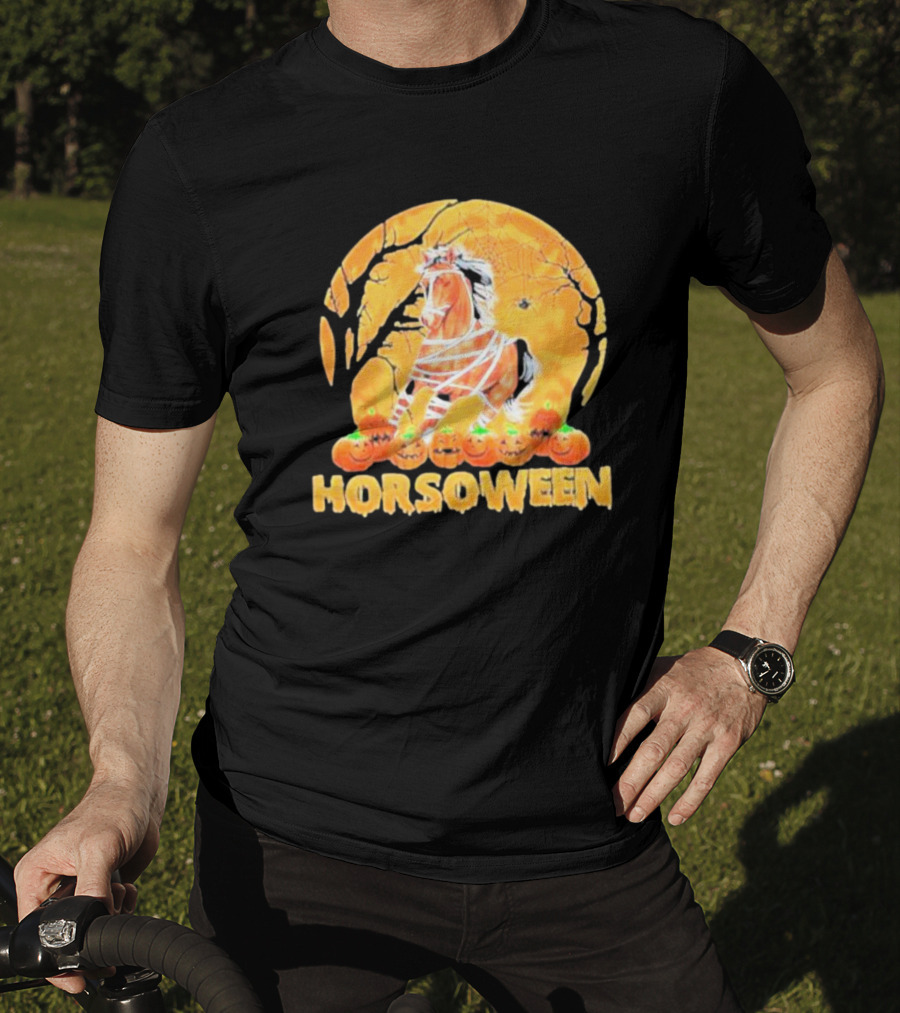 Horsoween Bandaged Horse Spider Web Haunted Pumpkins Red Moon Halloween T-Shirt