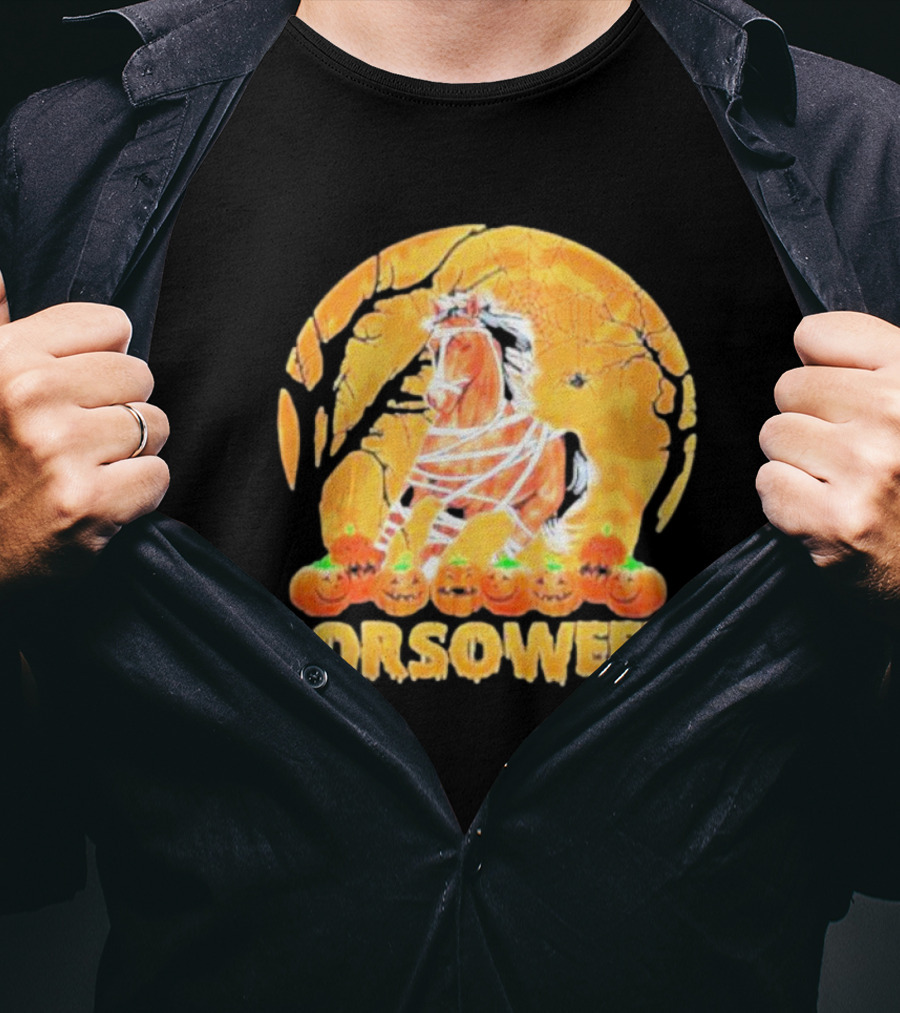 Horsoween Bandaged Horse Spider Web Haunted Pumpkins Red Moon Halloween T-Shirt