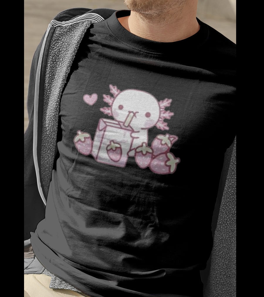 Strawberry Milk Axolotl With Strawberries And Heart T-Shirt