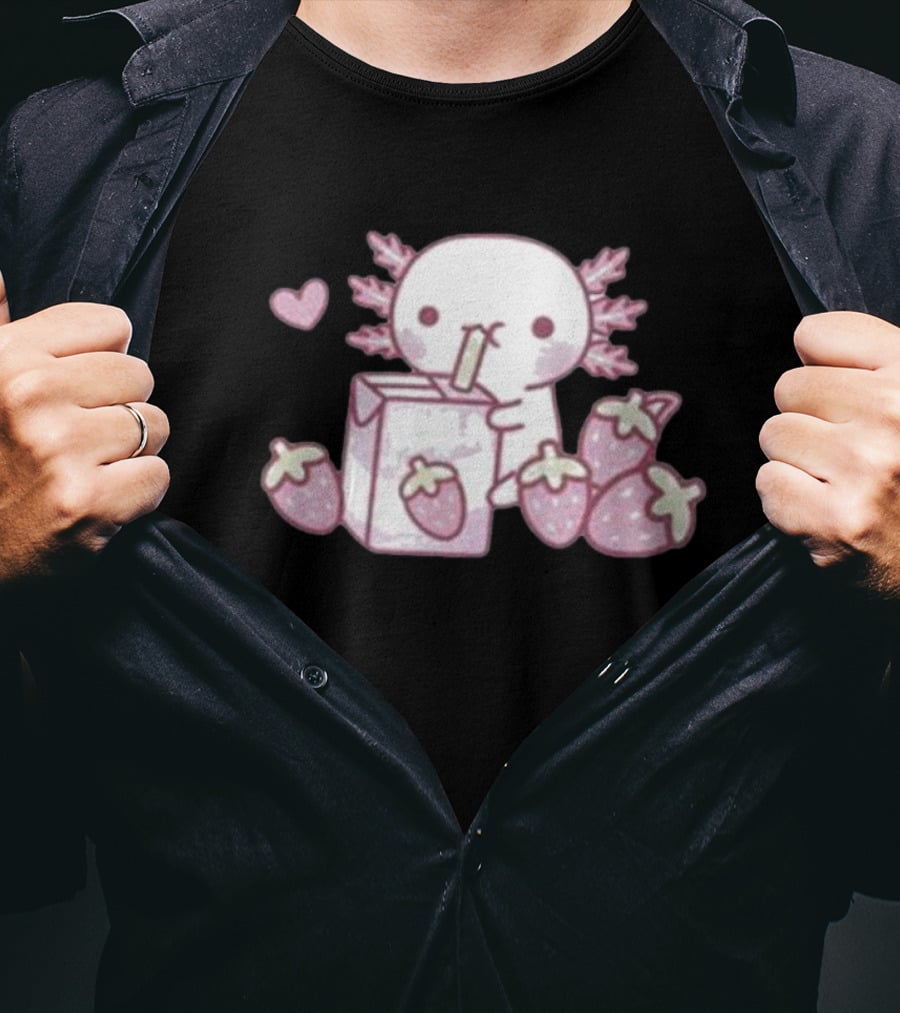 Strawberry Milk Axolotl With Strawberries And Heart T-Shirt