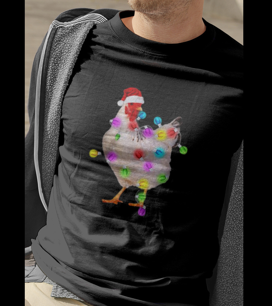 Chicken In Santa Hat With Colorful Christmas Lights T-Shirt