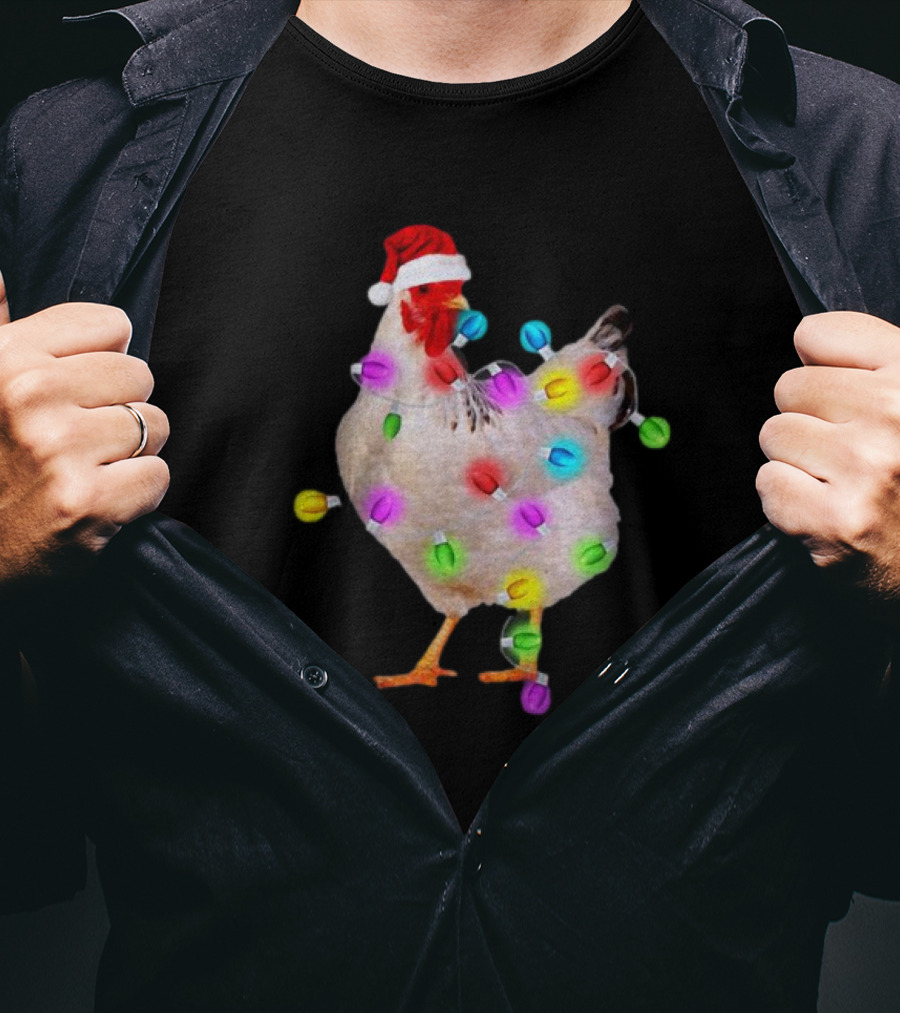 Chicken In Santa Hat With Colorful Christmas Lights T-Shirt